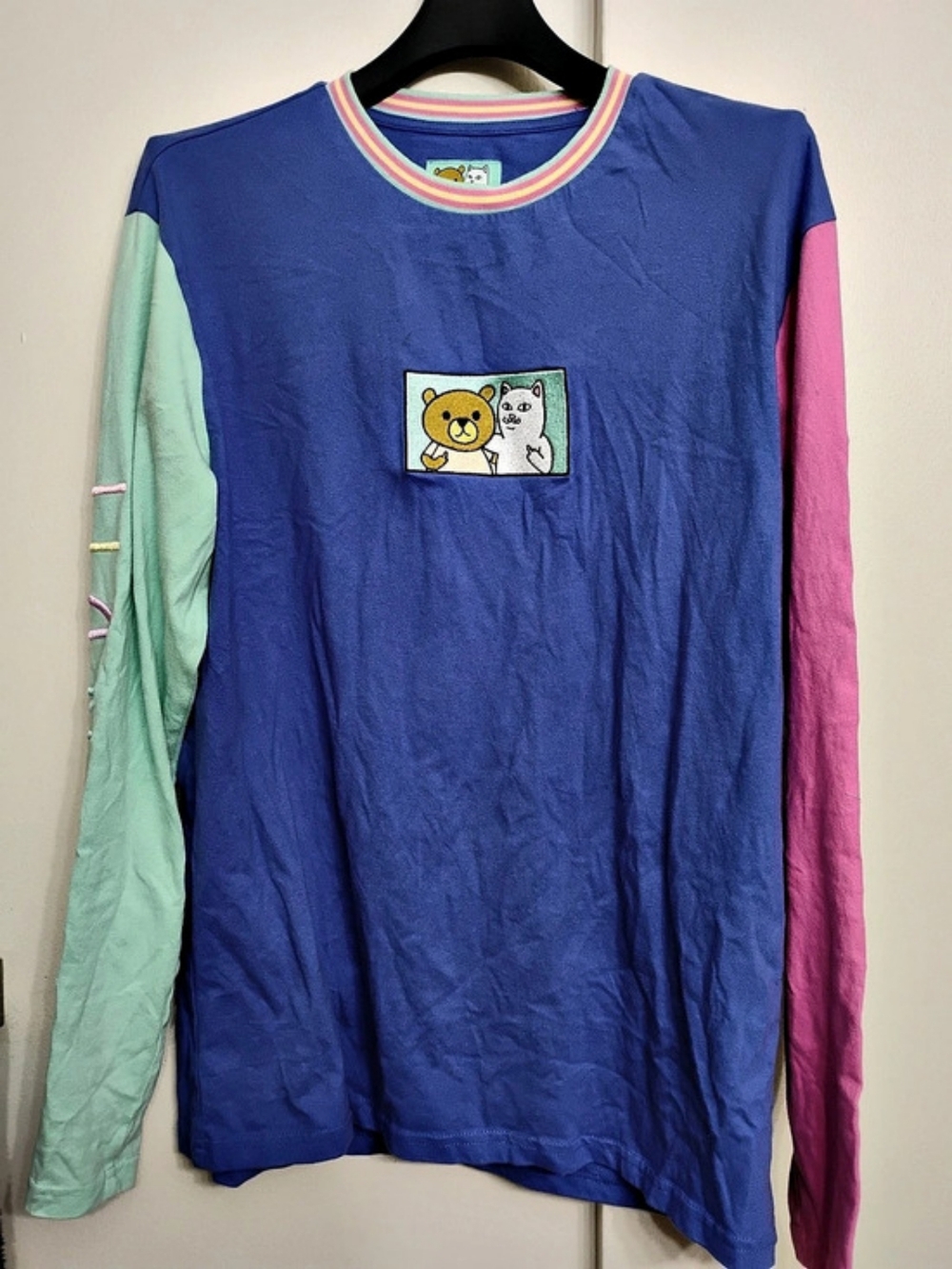 RIPNDIP x Teddy Fresh 2.0 Colorblock Long Sleeve T-Shirt Tee Blue & Pink Medium
